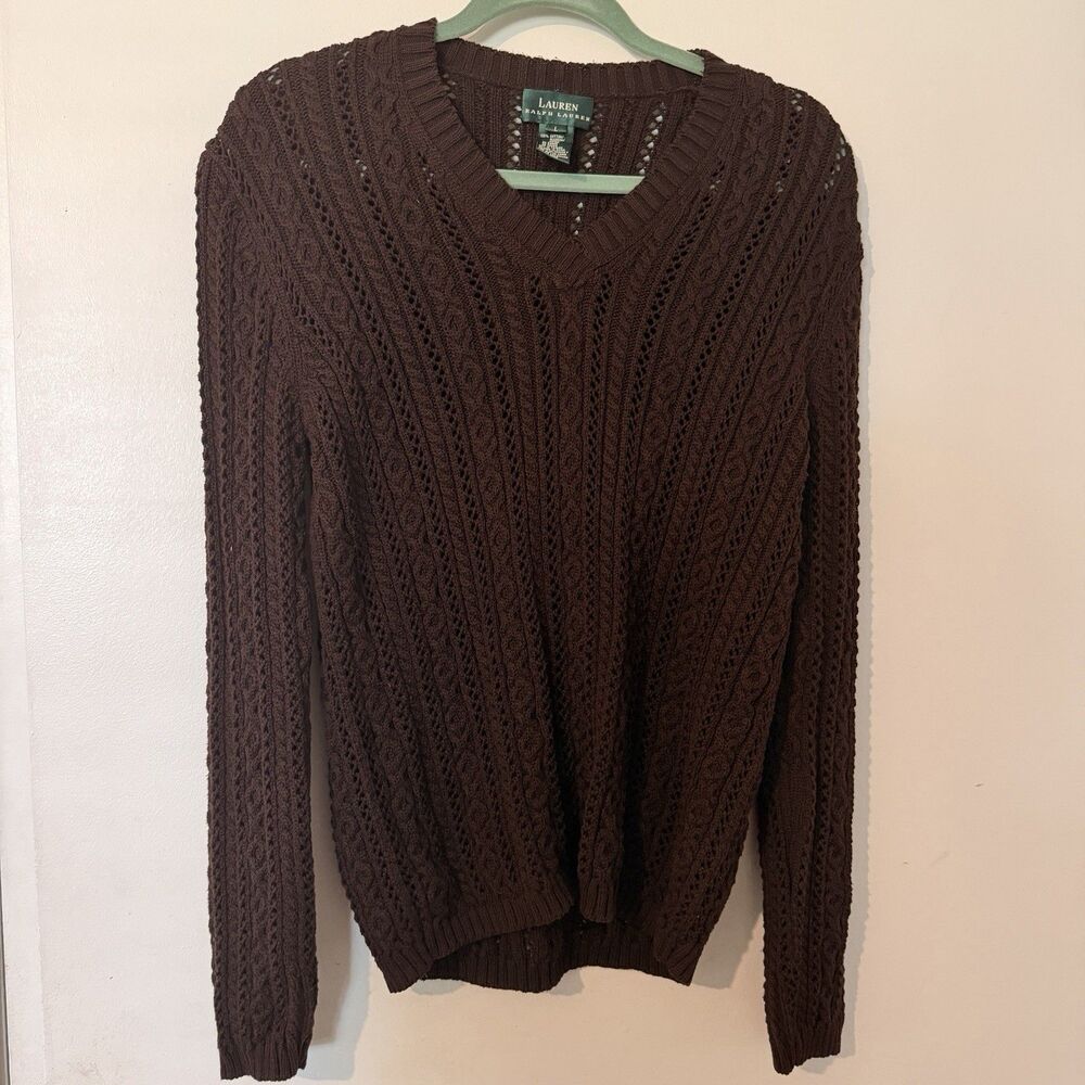 Vintage Lauren Ralph Lauren Brown Cable Knit V-Neck Sweater Women's L Open Weave